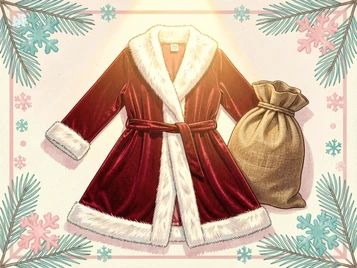 A richly detailed Father Frost costume scene — a red velvet robe with white fur trim laid out flat as a template preview, a large burlap gift sack beside it, pine branches and snowflakes decorating the border, warm amber studio light from above casting soft shadows on the fabric texture, inviting and festive product-preview composition. Indie pastel zine illustration with soft cream paper texture and candy-pink and teal accents, palette anchored on #FFF6E5, #FF6B9D, #4FB3D9, and #2D1B47, lit by diffuse daylight with gentle backlit highlights. Style: pastel zine. Mood: warm playful.