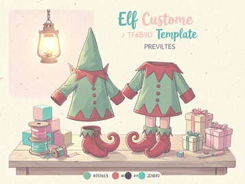 An elf costume template preview showing a green-and-red elf outfit with pointed hat and curled shoes arranged on a wooden workshop table surrounded by painted toy blocks, ribbon spools, and miniature gift boxes, warm overhead lantern light illuminating the colourful props, playful and whimsical template thumbnail composition. Indie pastel zine illustration with soft cream paper texture and candy-pink and teal accents, palette anchored on #FFF6E5, #FF6B9D, #4FB3D9, and #2D1B47, lit by diffuse daylight with gentle backlit highlights. Style: pastel zine. Mood: warm playful.