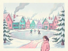 A person standing in front of a charming snow-covered village with colourful wooden houses, smoke rising from chimneys, a frozen pond with ice skaters in the background, pine trees dusted with fresh snow lining the path, cool blue-white overcast daylight from above with soft shadows on the snow, peaceful and picturesque winter village atmosphere. Indie pastel zine illustration with soft cream paper texture and candy-pink and teal accents, palette anchored on #FFF6E5, #FF6B9D, #4FB3D9, and #2D1B47, lit by diffuse daylight with gentle backlit highlights. Style: pastel zine. Mood: warm playful.