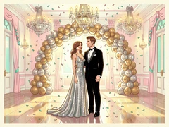 An elegantly dressed couple standing in a grand ballroom decorated for New Year's Eve, crystal chandeliers overhead, gold and silver balloon arch in the background, confetti frozen mid-fall around them, the woman in a sparkling silver gown and the man in a black tuxedo, warm chandelier light casting a golden shimmer across the polished floor, glamorous and celebratory atmosphere. Indie pastel zine illustration with soft cream paper texture and candy-pink and teal accents, palette anchored on #FFF6E5, #FF6B9D, #4FB3D9, and #2D1B47, lit by diffuse daylight with gentle backlit highlights. Style: pastel zine. Mood: warm playful.