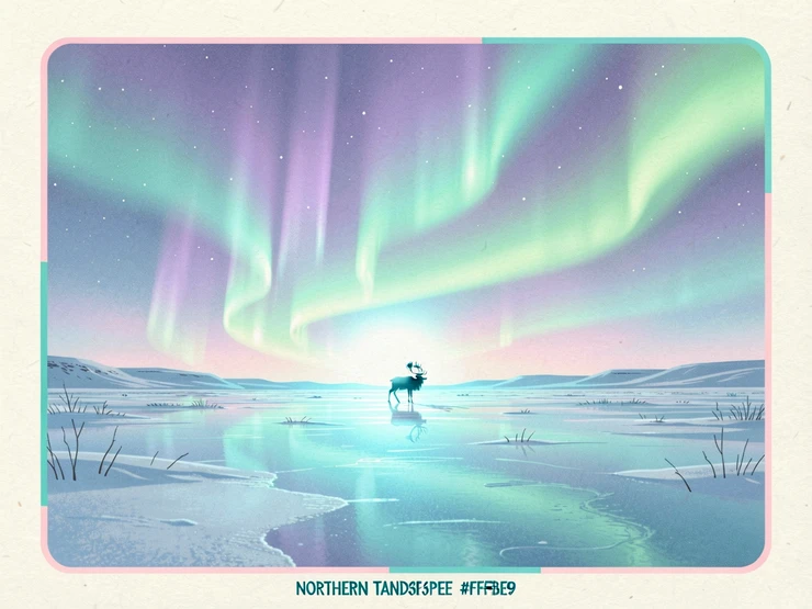 A northern lights landscape template preview showing a vast snowy tundra under a vivid aurora borealis sky with ribbons of green and violet light, a lone reindeer silhouette on the horizon, cool blue-teal backlit illumination reflecting off the snow surface, dramatic and awe-inspiring template thumbnail composition. Indie pastel zine illustration with soft cream paper texture and candy-pink and teal accents, palette anchored on #FFF6E5, #FF6B9D, #4FB3D9, and #2D1B47, lit by diffuse daylight with gentle backlit highlights. Style: pastel zine. Mood: warm playful.