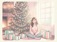 A young woman sitting cross-legged beside a tall decorated Christmas tree indoors, surrounded by wrapped presents with ribbons, the tree glowing with warm fairy lights and silver tinsel, a brick fireplace visible in the background, soft diffuse window light from the right blending with the warm amber glow of the lights, intimate and joyful holiday atmosphere. Indie pastel zine illustration with soft cream paper texture and candy-pink and teal accents, palette anchored on #FFF6E5, #FF6B9D, #4FB3D9, and #2D1B47, lit by diffuse daylight with gentle backlit highlights. Style: pastel zine. Mood: warm playful.