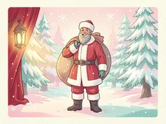 A cheerful man dressed in a classic red-and-white Father Frost costume stands in a snowy forest clearing, holding a large gift sack over one shoulder, snowflakes drifting around him, tall frosted pine trees framing the background, warm golden lantern light glowing from the left casting soft shadows on the red velvet fabric, festive and cozy winter atmosphere. Indie pastel zine illustration with soft cream paper texture and candy-pink and teal accents, palette anchored on #FFF6E5, #FF6B9D, #4FB3D9, and #2D1B47, lit by diffuse daylight with gentle backlit highlights. Style: pastel zine. Mood: warm playful.