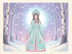 A young woman in a pale-blue embroidered Snegurochka coat and matching headdress stands in a magical winter forest, snowflakes frozen mid-air around her, birch trees with frost-covered branches stretching into a lavender sky, cool blue-white backlit light from behind creating a soft halo effect on her silhouette, enchanting and fairy-tale atmosphere. Indie pastel zine illustration with soft cream paper texture and candy-pink and teal accents, palette anchored on #FFF6E5, #FF6B9D, #4FB3D9, and #2D1B47, lit by diffuse daylight with gentle backlit highlights. Style: pastel zine. Mood: warm playful.
