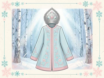 A Snegurochka costume template preview showing a pale-blue embroidered coat and silver headdress arranged against a frosted birch forest background, delicate snowflake patterns framing the edges, cool blue-white diffuse light from above giving the scene an ethereal quality, elegant and fairy-tale template thumbnail composition. Indie pastel zine illustration with soft cream paper texture and candy-pink and teal accents, palette anchored on #FFF6E5, #FF6B9D, #4FB3D9, and #2D1B47, lit by diffuse daylight with gentle backlit highlights. Style: pastel zine. Mood: warm playful.